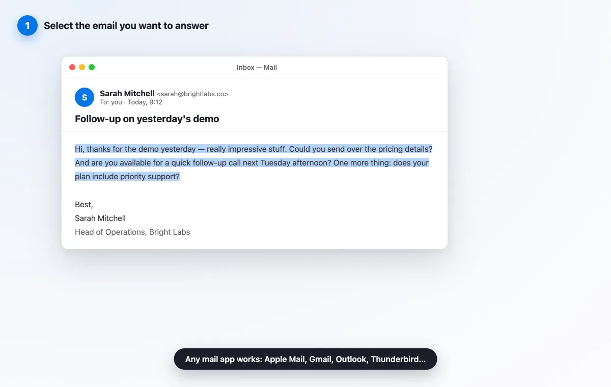 Selecting the text of an email in a Mac mail app before generating an AI reply