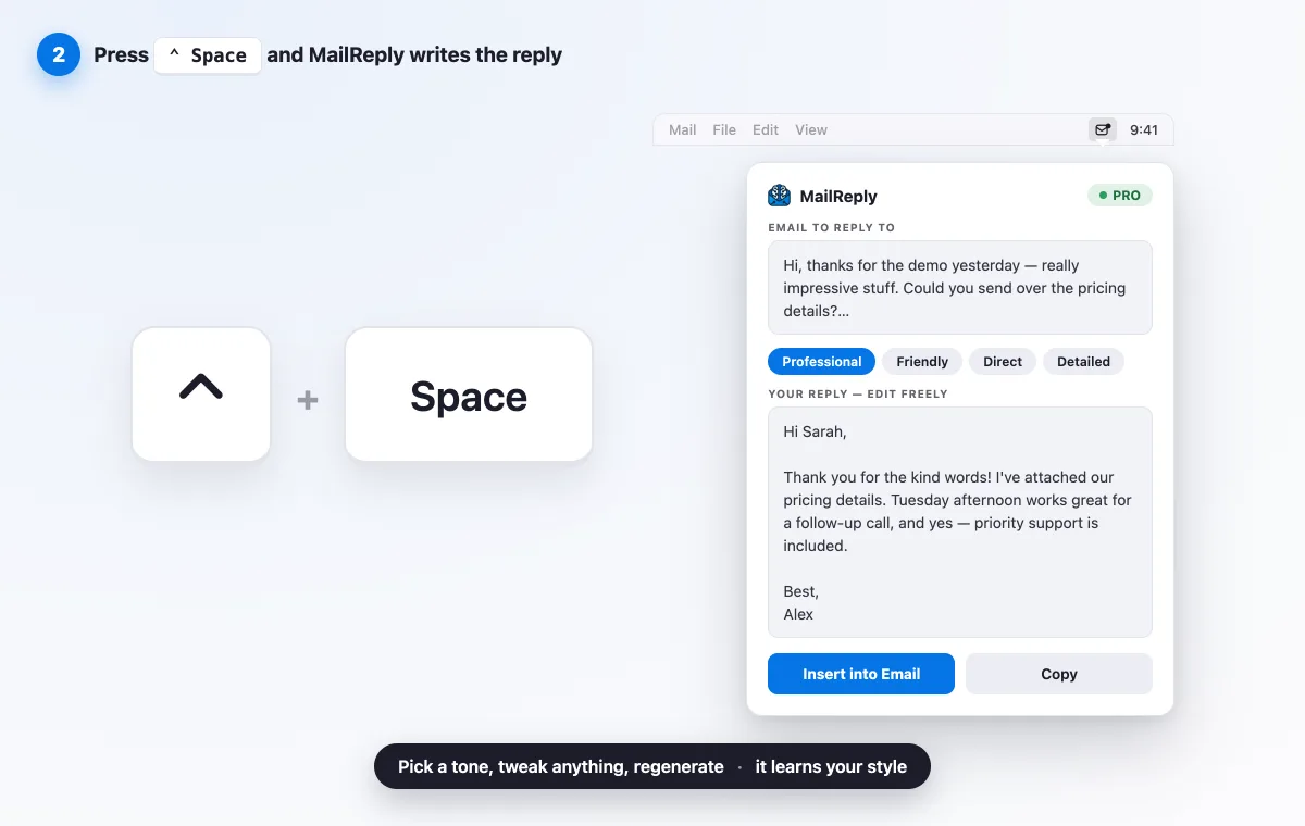 The MailReply popover in the Mac menu bar generating an AI email reply with tone options