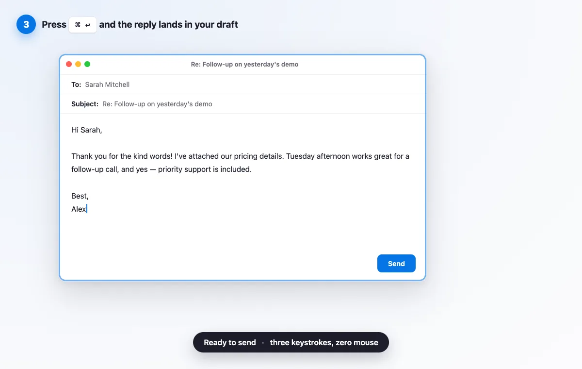 The AI-generated reply inserted into a Mac email compose window, ready to send